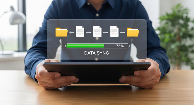 Data sync progress bar on tablet screen, digital file transfer and cloud storage synchronization, business professional managing document backup