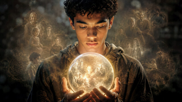 Portrait of young person holding glowing digital orb containing distilled memories and wisdom of ancestors