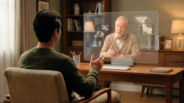 Person having conversation with AI avatar trained on journals and videos of their late father