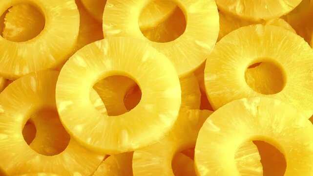 Extreme close-up of freshly sliced pineapple, showcasing vibrant golden-yellow flesh, juicy texture, and intricate fruit fibers. Tiny droplets of moisture glisten on the su
