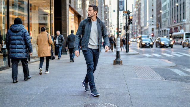 Person walking in busy city wearing shoes vibrating to signal navigation turns aware of surroundings