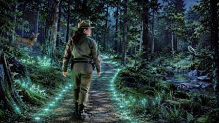 Obraz premium Park ranger walking along forest trail that glows with soft bio engineered light to guide visitors