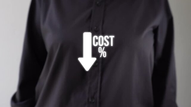 Businessperson pointing to an animated downward-pointing arrow next to "% cost". Ideal for promotions, discounts, or budget presentations.