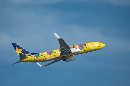 Skymark Airlines Boeing 737-800 (JA73AB) Pikachu Jet BC1 special livery aircraft departing from Haneda Airport