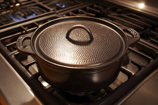 Cast iron pot on stovetop ready for cooking food in a kitchen setting at evening time