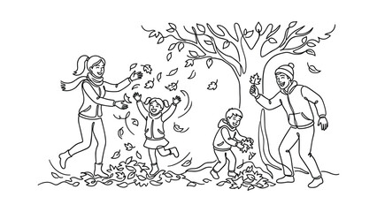 Obraz premium Happy Family Playing with Autumn Leaves Line Art Illustration.