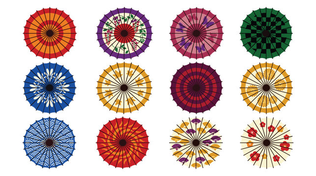 Collection of twelve decorative Japanese umbrellas with intricate patterns.