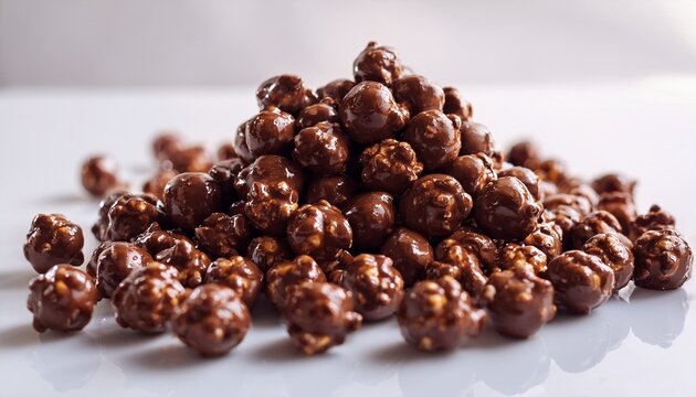 chocolate popcorn is scattered on a light surface with a glossy dark chocolate coating this snack is ready to be enjoyed at any time of day