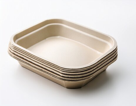 compostable clamshell container made of molded fiber isolated on white background for sustainable takeout packaging