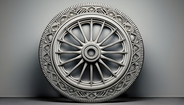 detailed round wheel imprint stands out on a soft grey background highlighting its unique patterns and textures drawing the viewer s attention with its design
