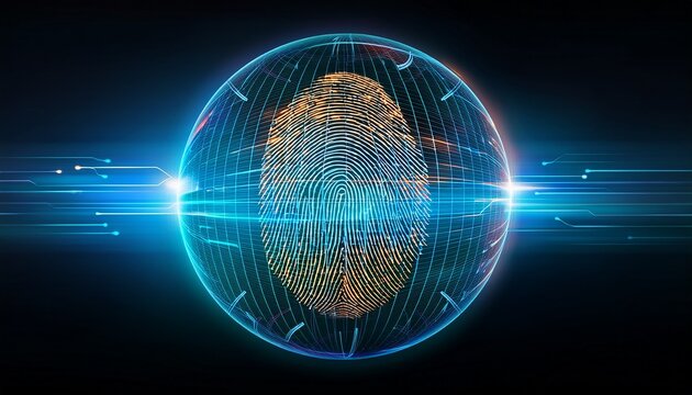 digital fingerprint scan sphere with glowing lines high tech biometric theme isolated object on dark background perfect for cybersecurity visuals