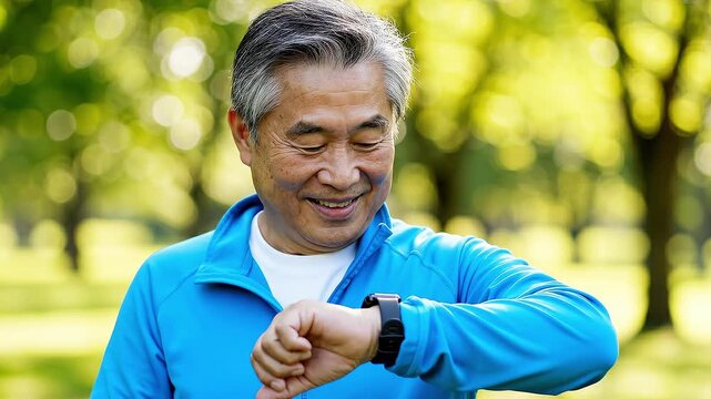 A smiling senior Asian man checks his smartwatch while outdoors. He is wearing a blue sports jacket in a sunny park setting. Ideal for health, fitness, and active aging content.