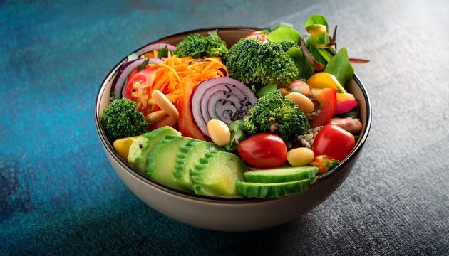 vibrant close up of a healthy salad bowl with assorted fresh vegetables and toppings food