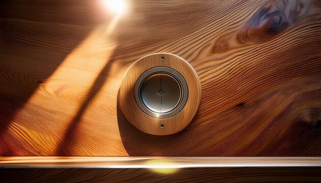 wooden table surface with sunlight glinting on a circular recessed outlet grain texture