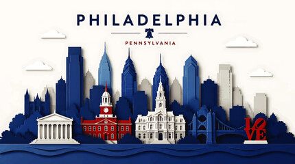 Obraz premium Philadelphia skyline illustration showcases cityscape architecture and landmarks