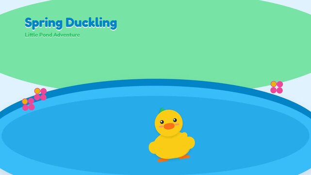Cute Animated Spring Duckling Swimming in a Blue Pond with Flowers.