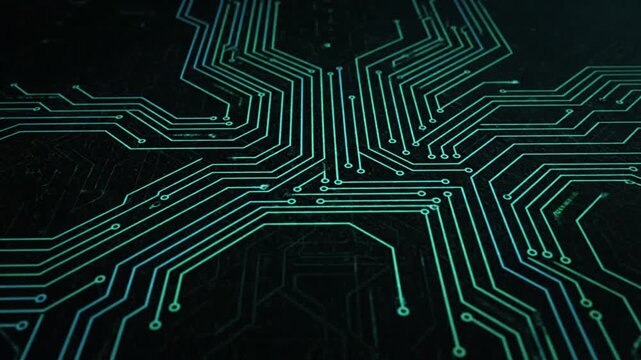 Futuristic glowing circuit board pattern on a dark background