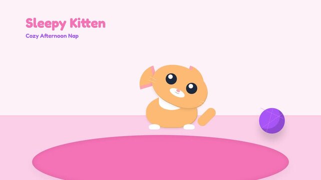 Cute Animated Sleepy Kitten Playing with a Purple Ball in a Pink Room.