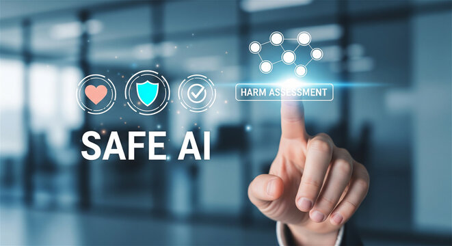 Safe AI technology concept, harm assessment and ethical artificial intelligence interface, secure digital governance and risk management
