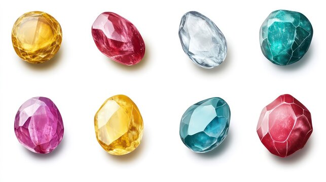 Set of spinel gem stone. Colorful gem stones set in various colors - yellow, red, white, blue and turquoise. Isolated on transparent white background