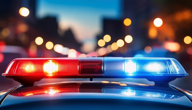 blue and red light flasher atop of a police car city lights on the background