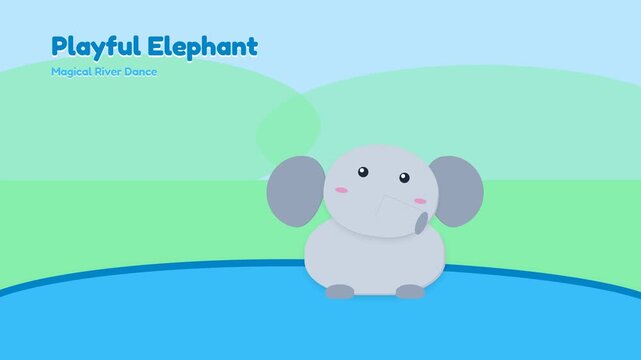 Cute Animated Elephant Character Playing Happily in a Colorful Cartoon Landscape.