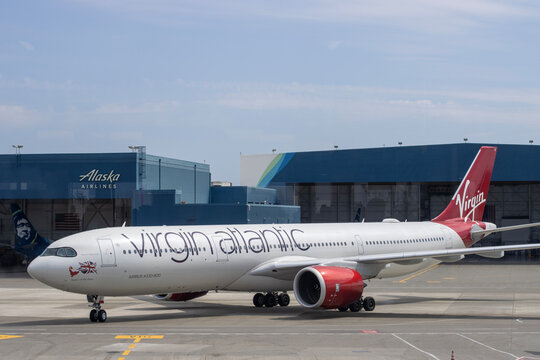 SeaTac, WA, USA - June 16, 2025: An Airbus A330-900 (commonly known as the A330neo) aircraft with two Rolls-Royce Trent 7000 engines operated by Virgin Atlantic, a British airline based in Crawley.