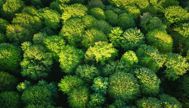 summer in forest aerial top view mixed forest green deciduous trees soft light in countryside woodland or park drone shoot above colorful green texture in nature