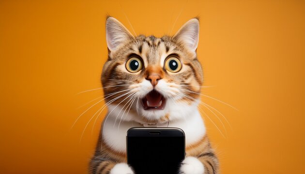 surprised shocked cat with open mouth holding a smart phone on flat solid background