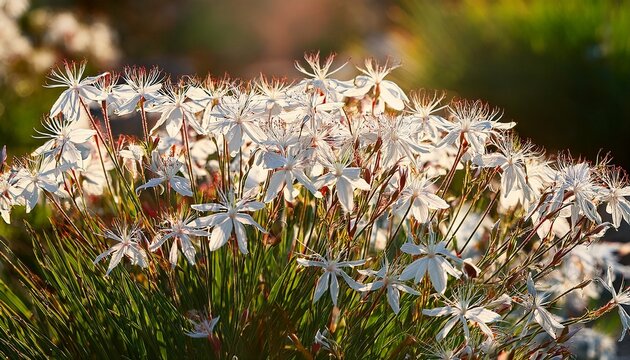 tender white gaura lindheimeri flowers blossoming on flower bed on sunny summer day