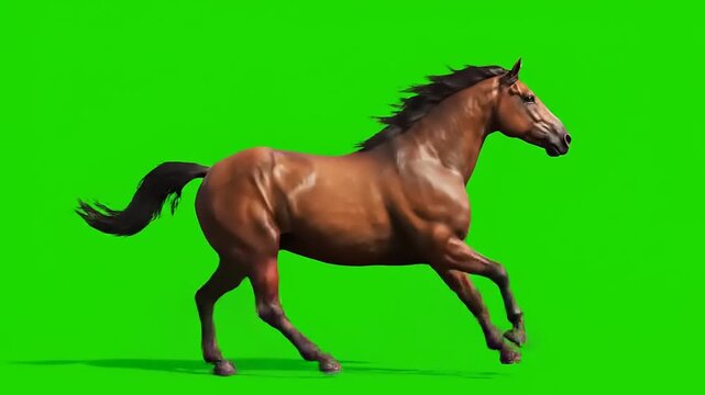 Majestic Brown Horse Galloping on a Vibrant Green Screen Background.
