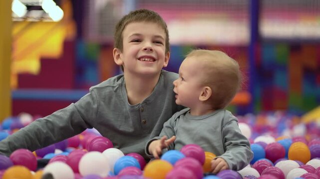 Happy siblings playing together in a colorful indoor ball pit, capturing joyful childhood, family bonding, carefree fun and development.