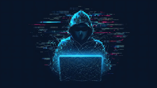 Hacker in hoodie working on laptop in dark digital environment