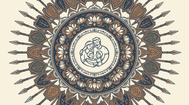 Circular ethnic mandala ornament with warrior shields and spear design