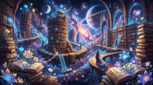 Fantasy library with magical glowing books and flowers in outer space