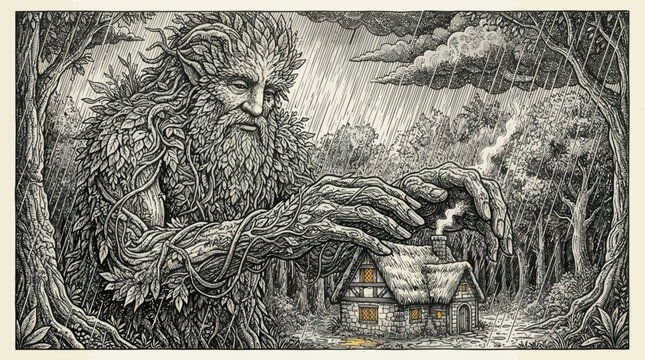 Green Man forest spirit illustration in a vintage engraved ink style