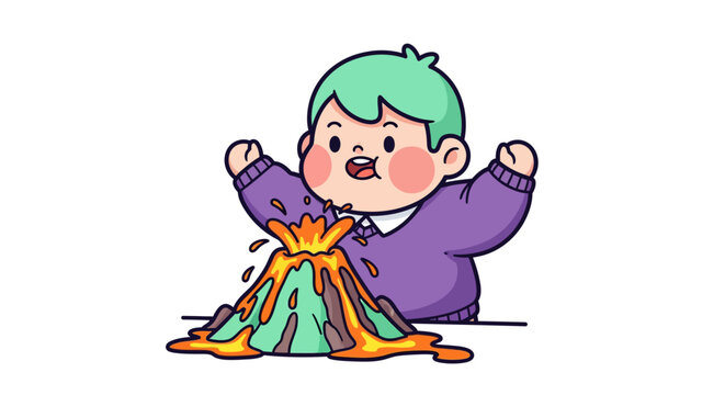 Cute cartoon child pretending to be erupting volcano.