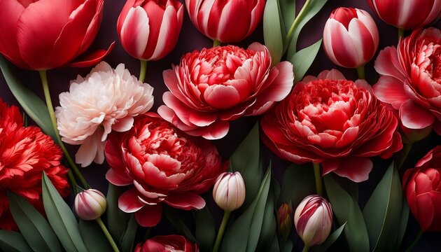 Red Tulips And Peonies In A Stunning Composition Flowers Beauty Red