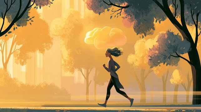A woman jogging through a leafy city park at sunrise, a soft glowing brain overlay above her head, hopeful mood, warm golden light, side-profile composition with motion blur.