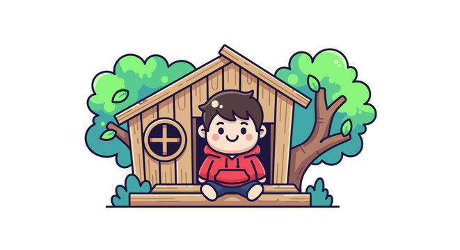 Cute cartoon boy sitting in wooden treehouse outdoors.