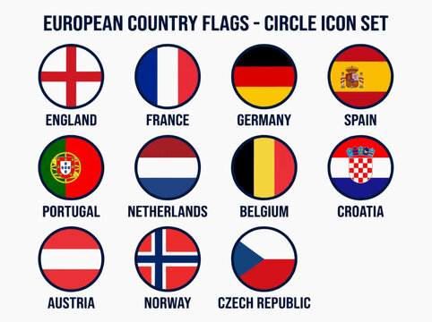European country flags presented in circular icon set for geography and travel design vector illustration