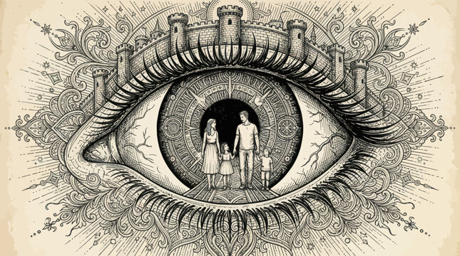 Surreal eye illustration with fantasy castle and ornamental vintage patterns