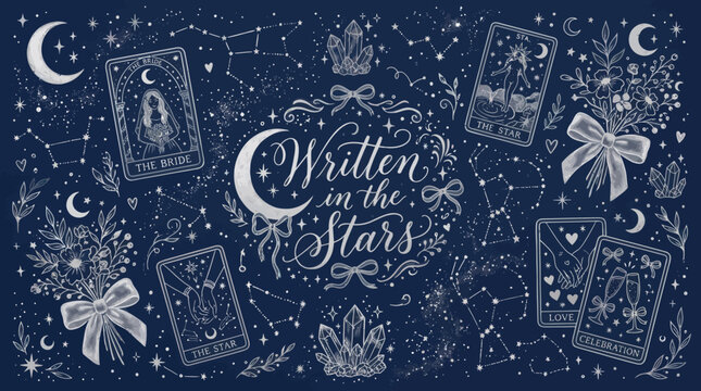 Tarot card design with bride and celestial elements on navy background