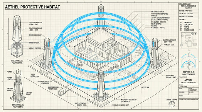 Technical blueprint of a futuristic protective force field energy habitat