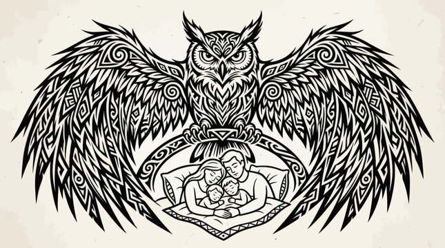 Tribal owl illustration with intricate decorative patterns on textured paper