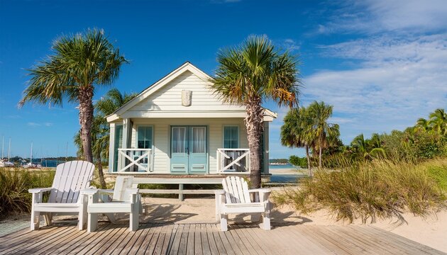 serene beach house with palm trees and adirondack chairs under blue sky