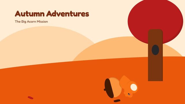 Animated Squirrel Collecting Acorns in a Minimalist Autumn Forest Landscape.