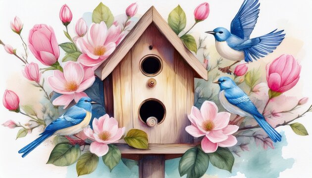 watercolor painting of a beautiful spring birdhouse with magnolia and bluebirds pink roses pastel colors fairytale cottagecore style in the style of nene thomas