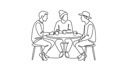 Obraz premium Continuous line drawing of three young men talking at a cafe table.