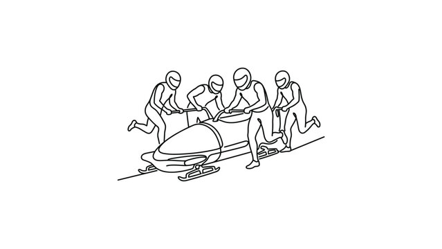 Continuous one line drawing of a four man bobsleigh team pushing the sled at the start.